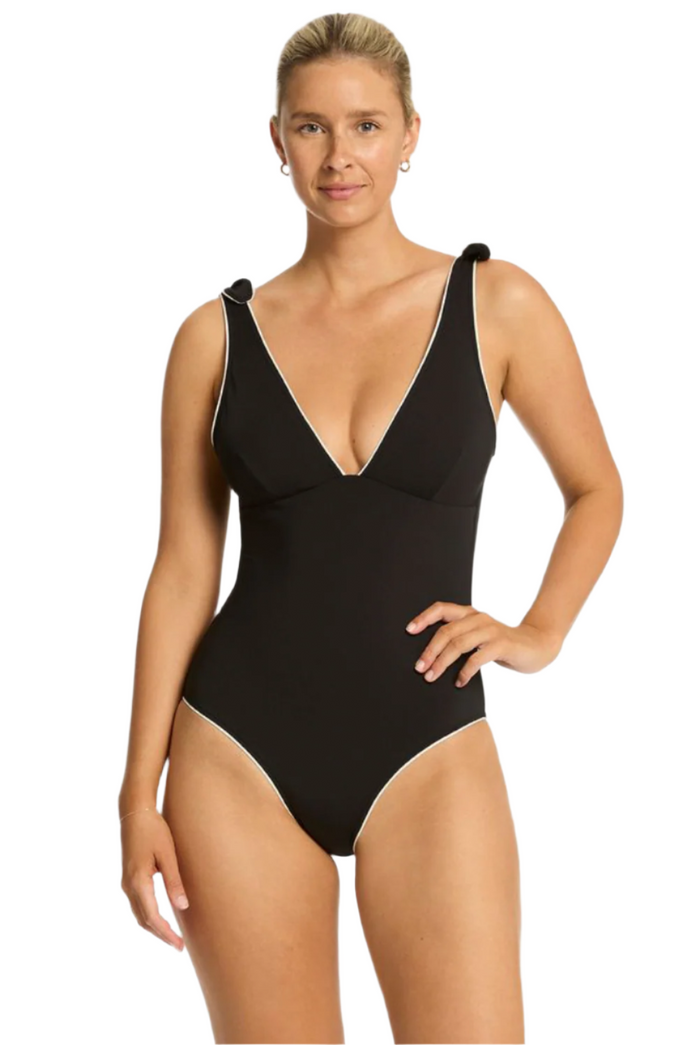 Sea Level Babylon Bow Tie Longline Scoop Back One Piece - Black