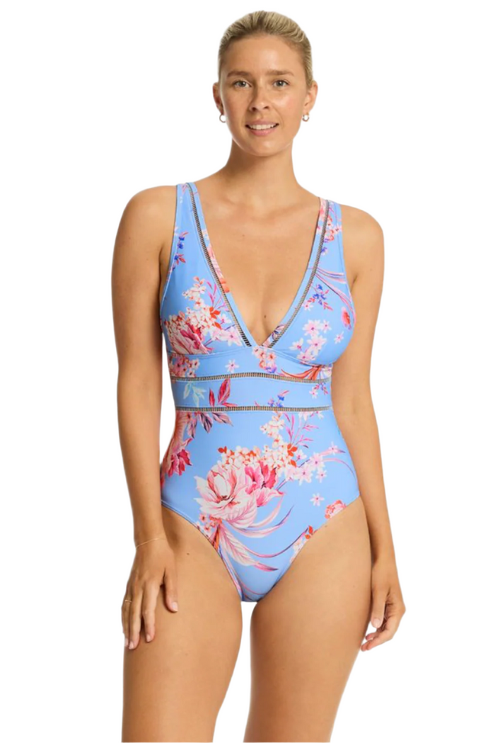 Sea Level Indochine Spliced One Piece - Light Blue