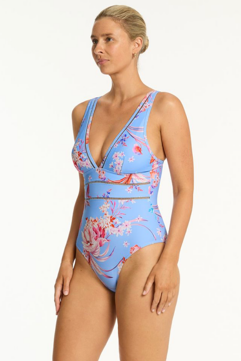Sea Level Indochine Spliced One Piece - Light Blue