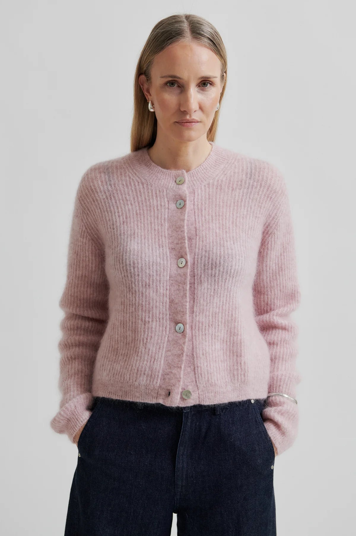 Second Female Andrea Knit Rib Long Sleeve Cardigan - Sepia Rose
