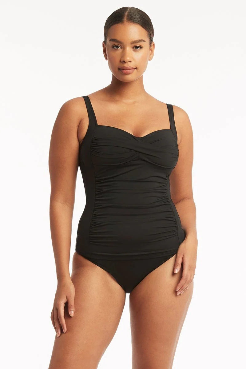 SEA LEVEL ESSENTIALS TWIST FRONT MULTIFIT SINGLET TOP - BLACK