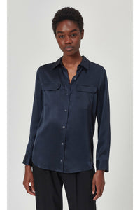 A woman modelling Equipment Signature Silk Satin Shirt in Eclipse Navy
