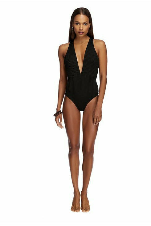 Woman Wearing different style of Jets High Neck 1 Piece in Black